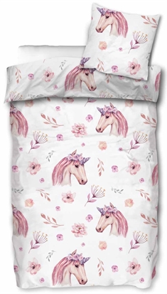Junior sengetøj - 100x140 cm - Enhjørning med blomster - 2 i 1 design - 100% bomuld børne sengesæt